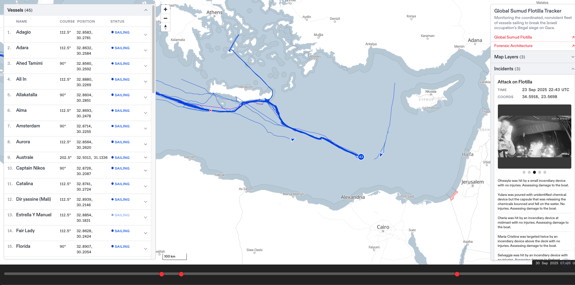 Sumud flotilla tracker showing real-time vessel positions and monitoring of Gaza aid mission